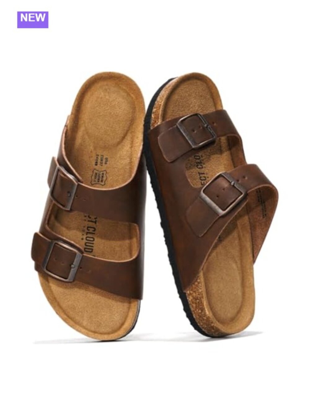 100% Genuine Leather Open Toe Slide Sandals Memory Foam Cork Footbed